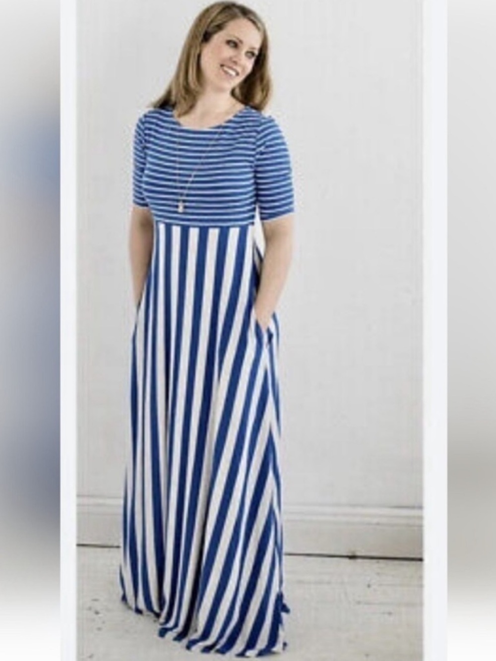 Matilda Jane Blue Stripe The Road Ahead Maxi Dress Pockets Medium